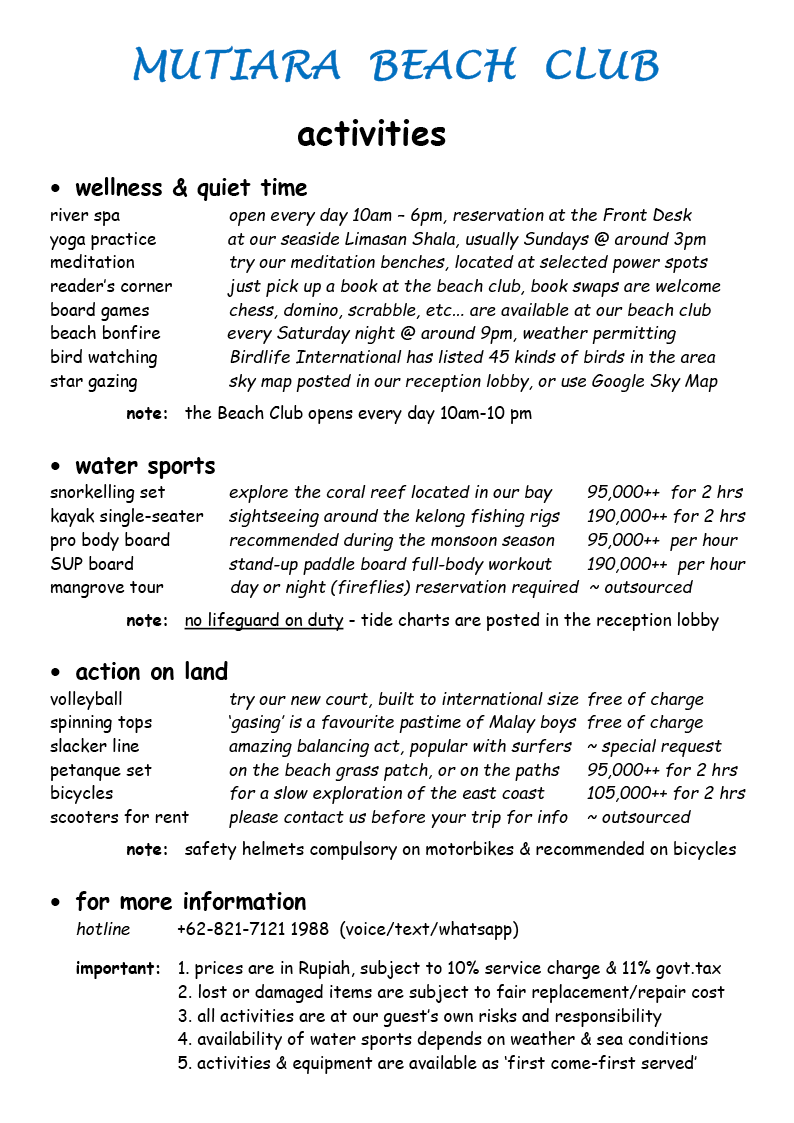 Activities Menu Bintan Spa Resort - Mutiara Beach